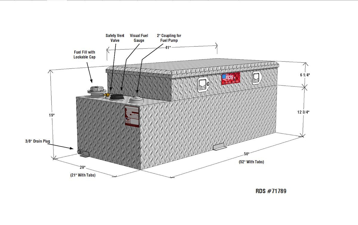 RDS Tanks Liquid Transfer Tank, 20 in Length x 41 in Width x 6-1/4 in Height Tool Box, 20 in Length x 50 in Width x 19 in Height Transfer Tank - 71789