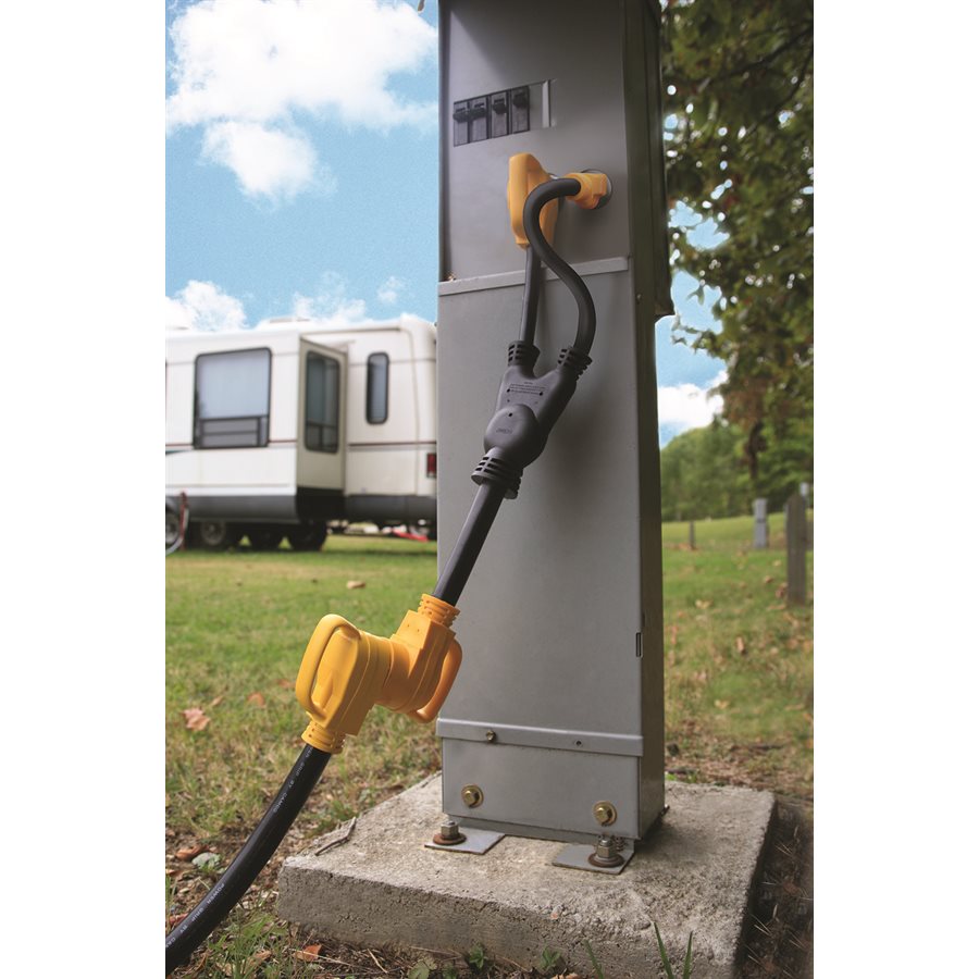 Camco Power Cord Adapter, For Providing Up To 45 amp To RV From 15 amp and 30 amp Outlets, 50 amp - 55025