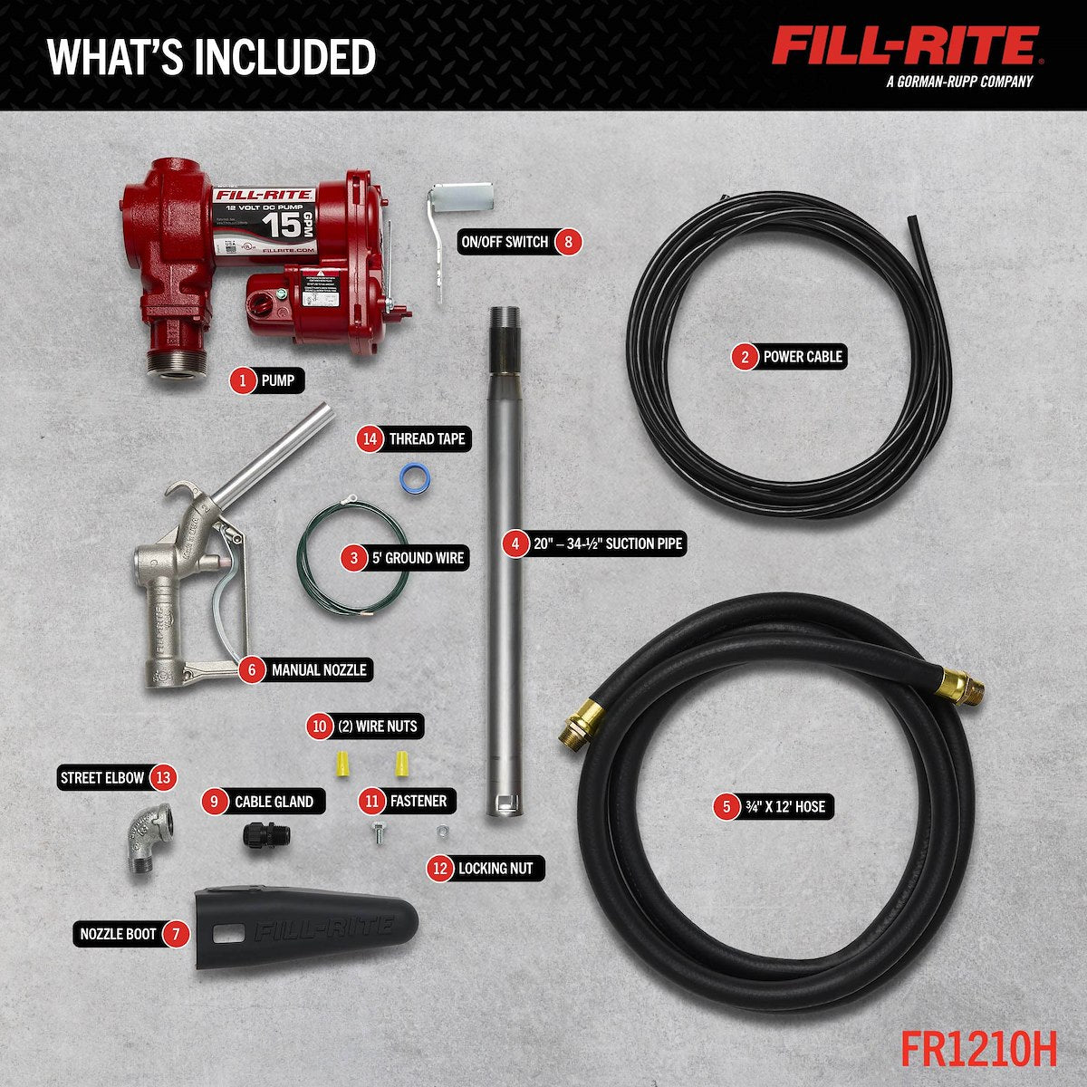 Fill-Rite Liquid Transfer Tank Pump, Diesel/Gasoline/Kerosene/E15 And Biodiesel Up To B20, 12 V DC, Up To 15 gal Per Minute - FR1210H