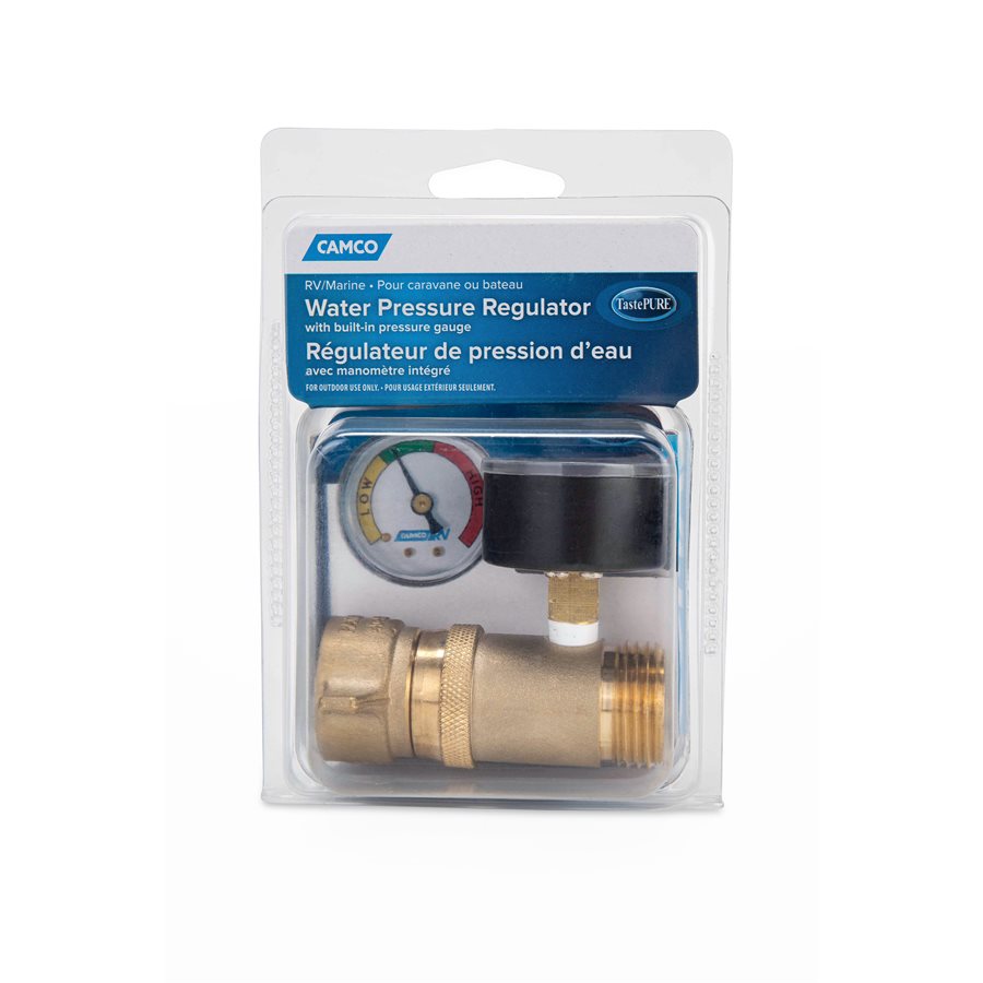 Camco Fresh Water Pressure Regulator, Brass, Preset Pressure Range of 40-50 PSI, Complies With CA and VT Regulations For Brass Content - 40064