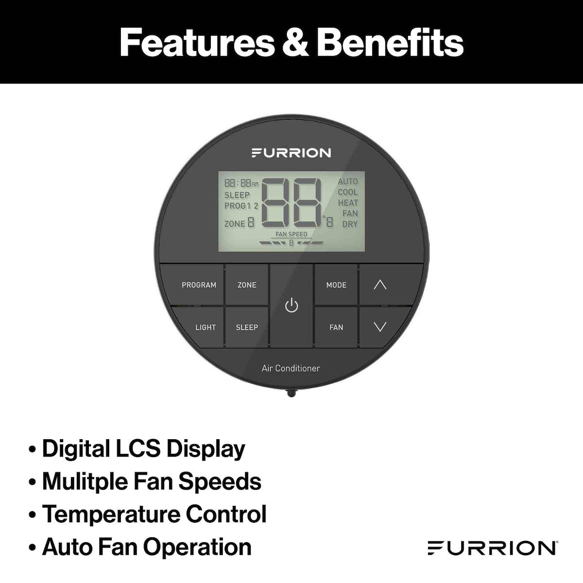 Furrion Wall Thermostat, Use With Furrion Chill  HE R32 Air Conditioners, LED Digital Readout, 12 V DC - FACW12ESZA2-BL-AM