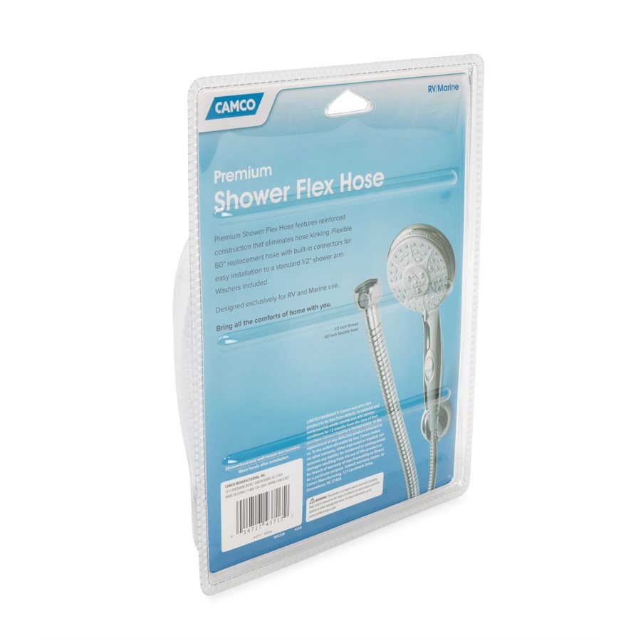 Camco Shower Head Hose, 60 in Length, Fits Standard 1/2 in Shower Arm, White - 43717