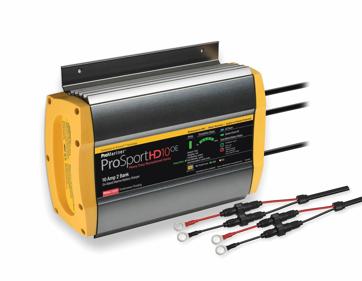 Pro Mariner Battery Charger, ProSportHD10OE Heavy Duty Recreational Series, For 12 V Flooded/AGM Lead Acid/Gel Batteries, 2 Bank Charger - 44010