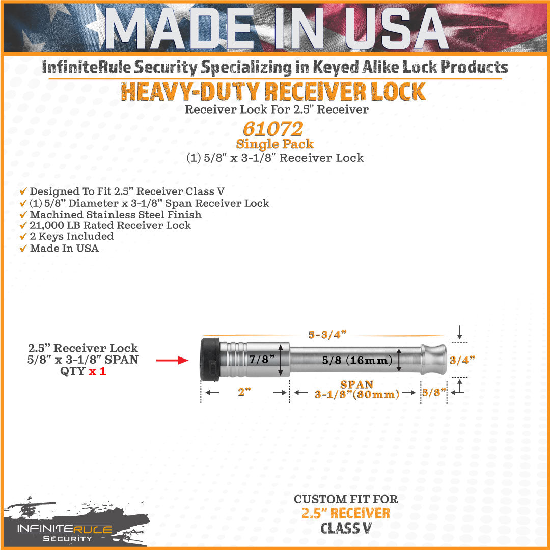 InfiniteRule Trailer Hitch Pin, For Use With Class III/IV/V 2 in/2-1/2 in Receiver, 5/8 in Diameter, 3-1/8 in Length Span Receiver Lock - 61072-S
