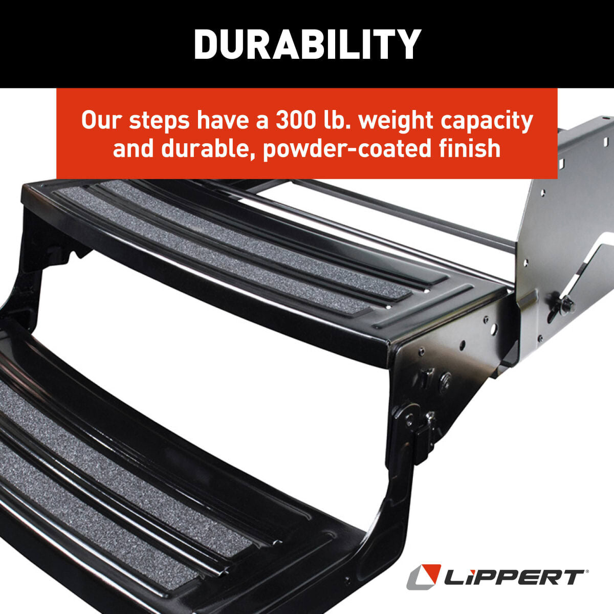 Lippert Entry Step, 2 Manual Folding Steps, 24 in Width x 7 in Depth, Powder Coated Black Heavy Gauge Steel - 432682