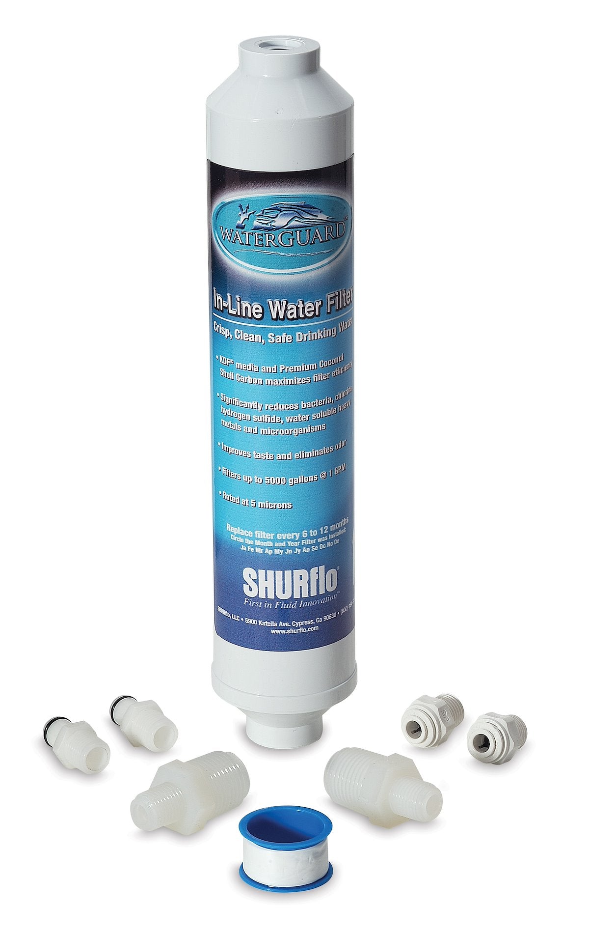 SHURflo Fresh Water Filter, Fits 1/4 in Push-In Fittings, 10 in In-line Filter, KDF-55 And Carbon Filter Media - 94-009-50