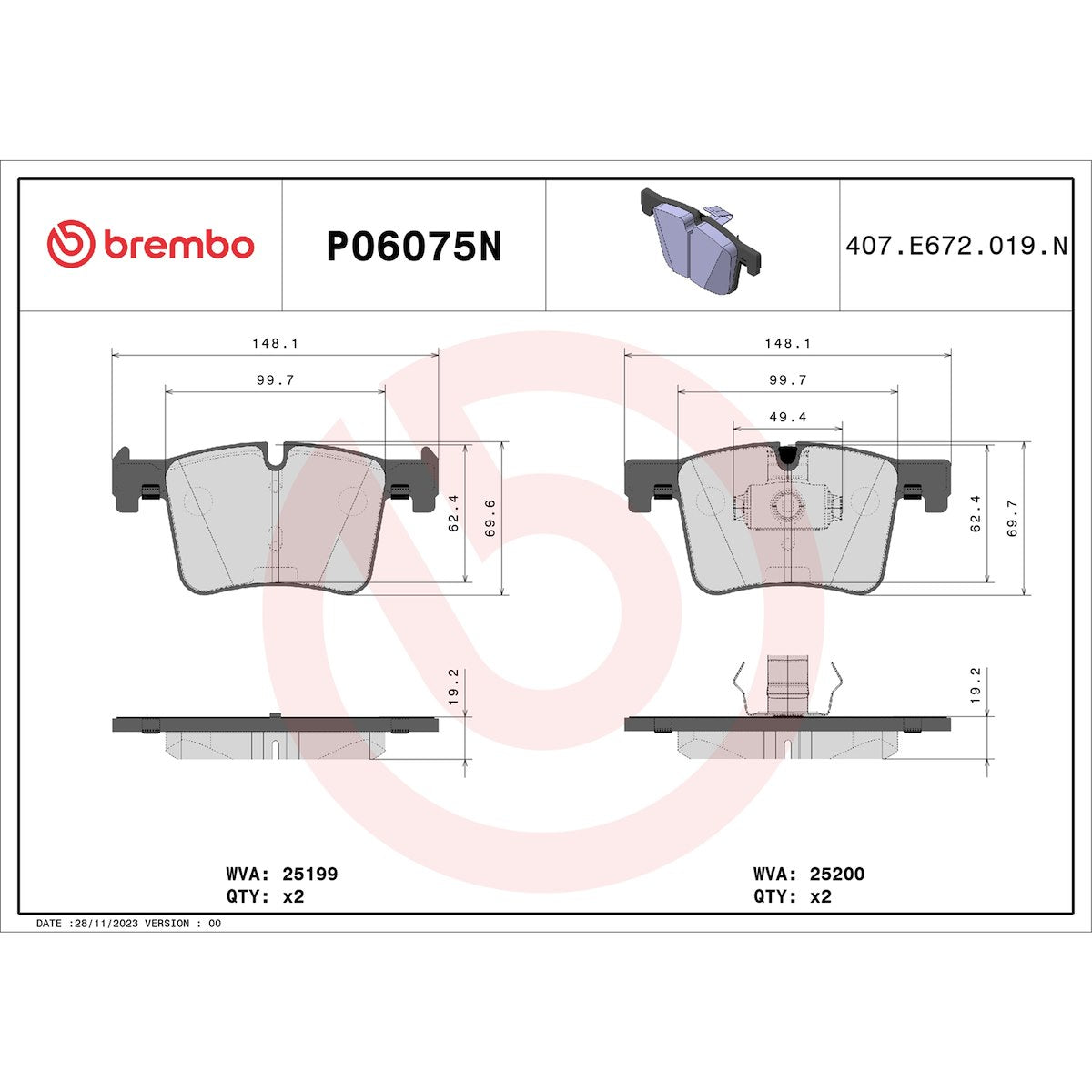 Brembo Brake Pad, FMSI Number D1561-8772, Ceramic, Set Of 4 - P06075N
