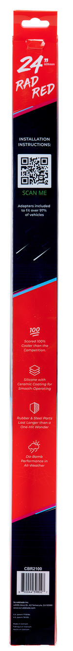Scrubblade Windshield Wiper Blade, 24 in Length, Rad Red, Ceramic Coated Silicone Blade - CBR2400