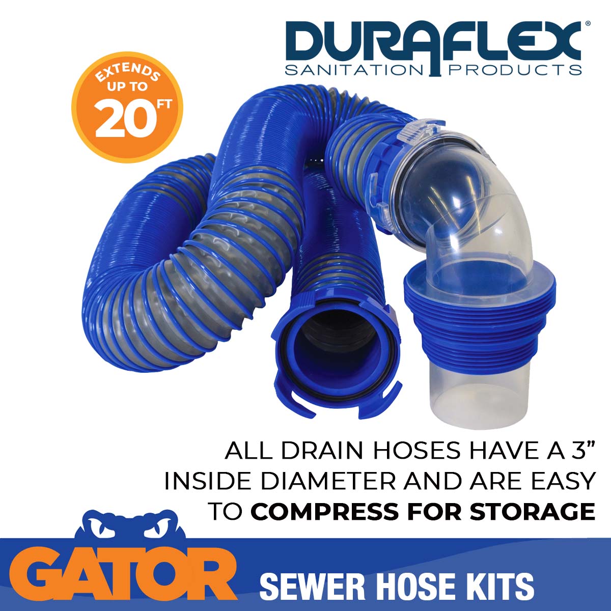 Duraflex Sewer Hose, 20 ft Extended Length, 76 in Compressed Length, 3 in Hose Diameter - 22006