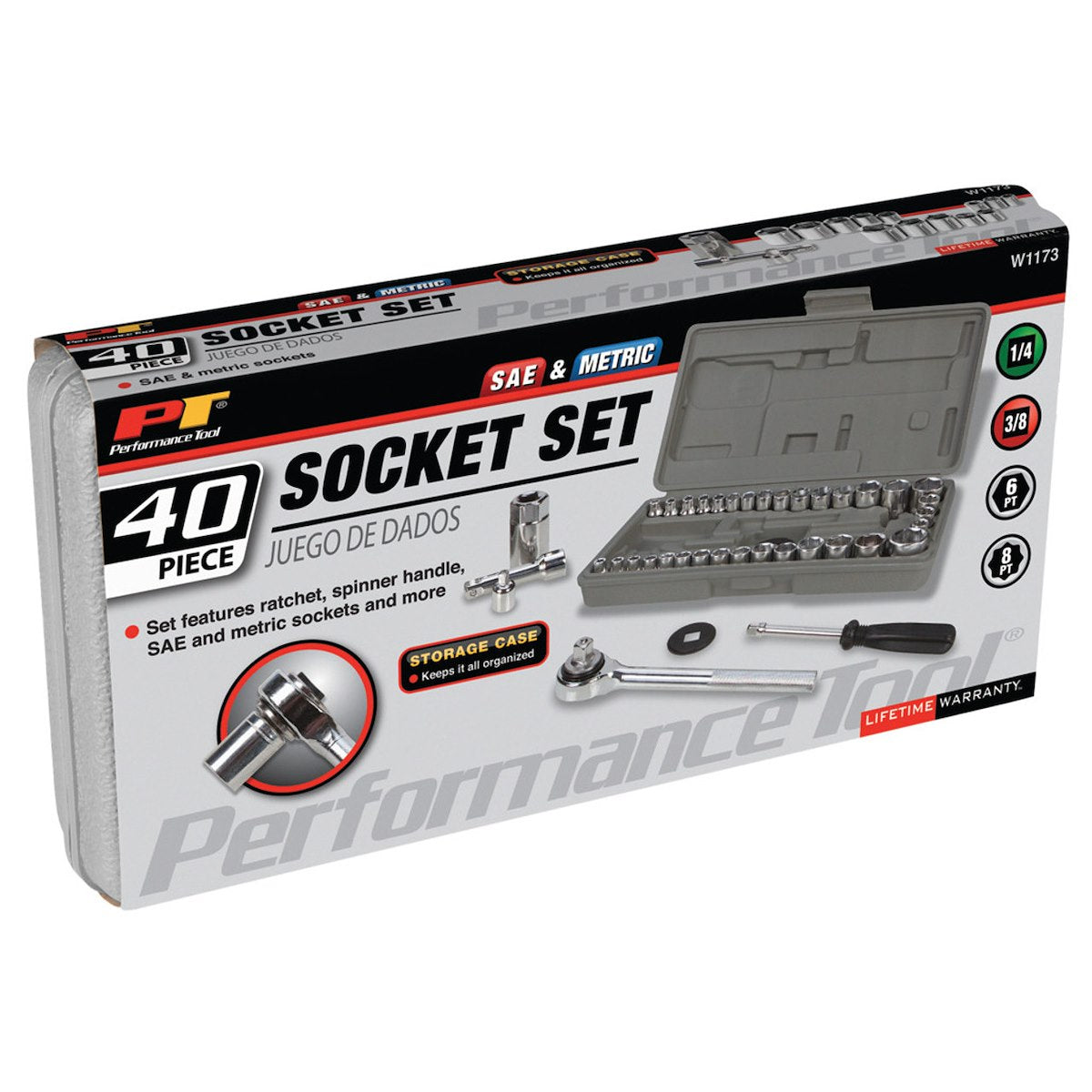 Performance Tool Socket Set, 1/4 in/3/8 in Drive, Set Of 40 - W1173