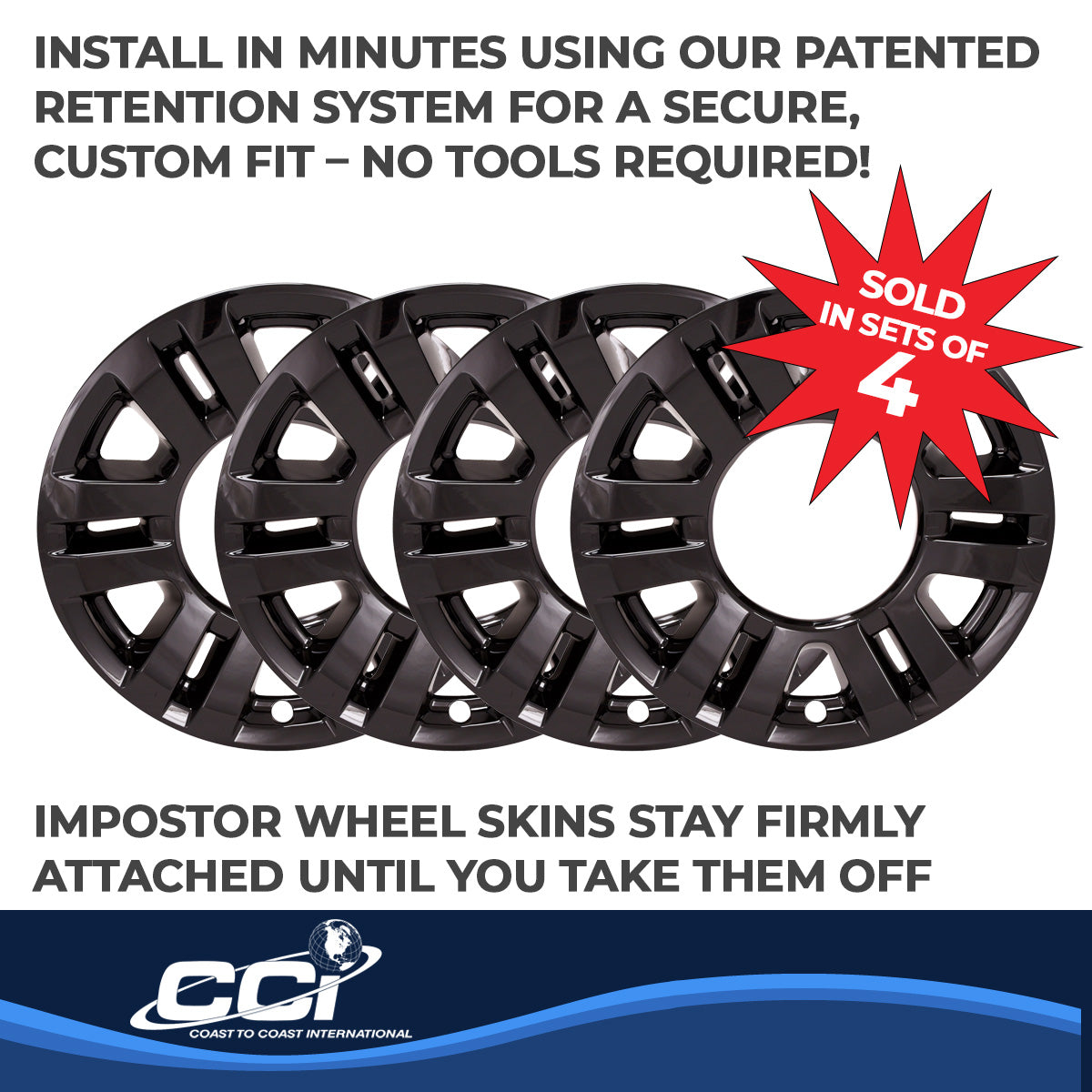 Coast2Coast Wheel Skin, 18 in, 6 Split Spokes, Gloss Black, Set Of 4 - IMP470BLK