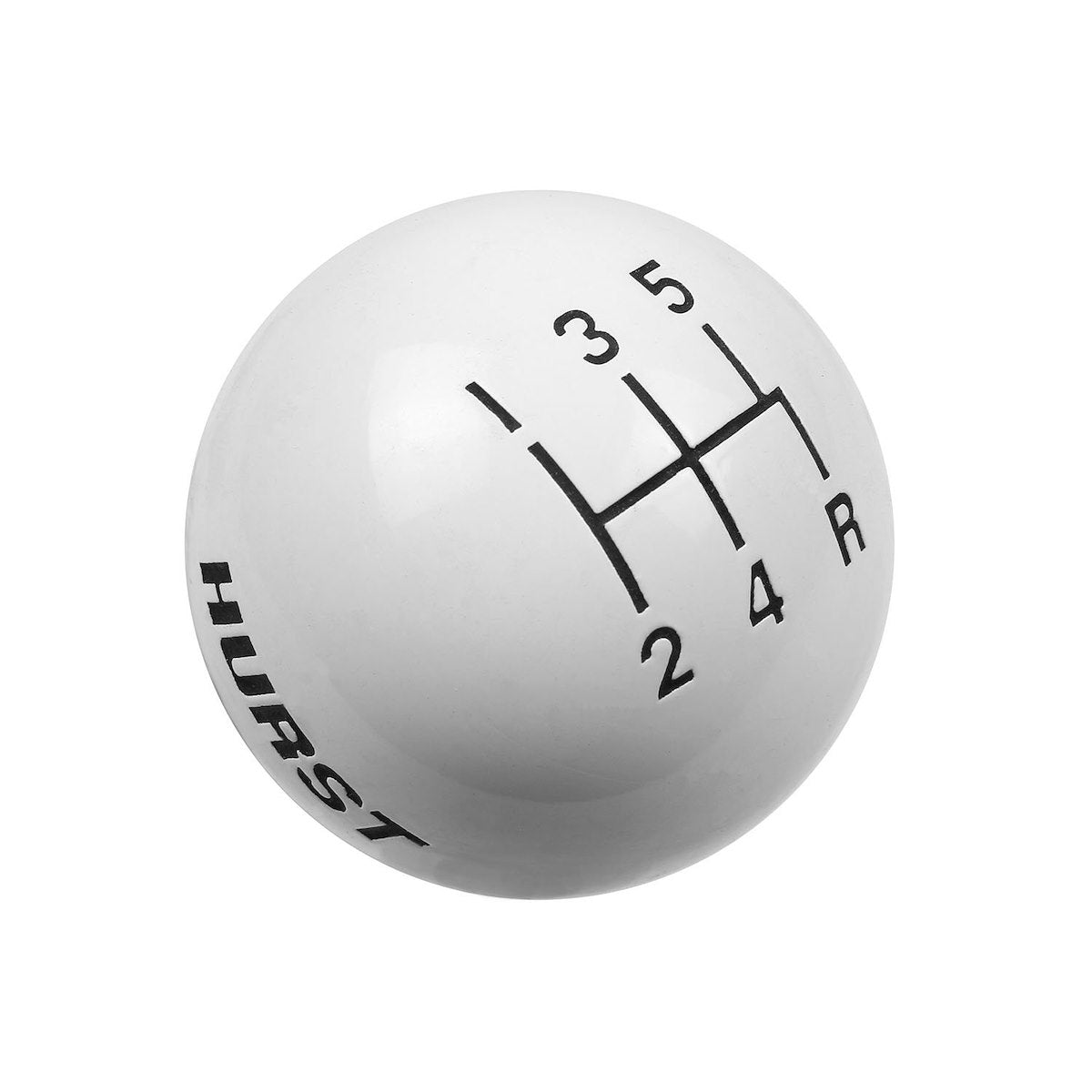 Hurst Manual Trans Shifter Knob, SAE 3/8-16, Round With 5 Speed Pattern/Hurst Logo, White - 1630025