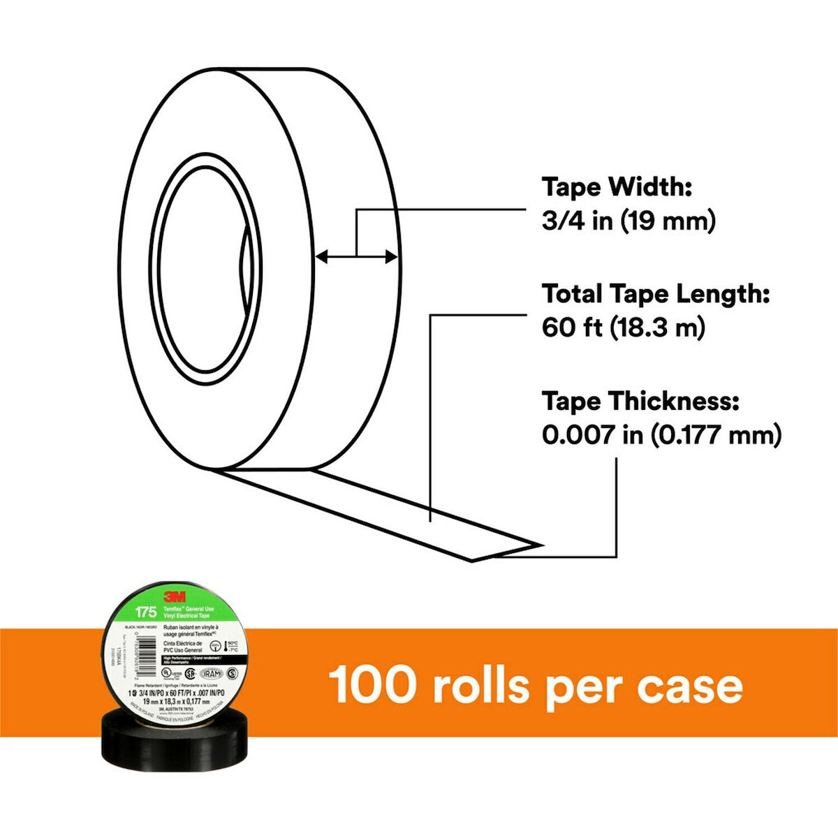 3M Electrical Tape, 3/4 in Width x 60 ft Length, 7 Mil Thick, Black - 92618