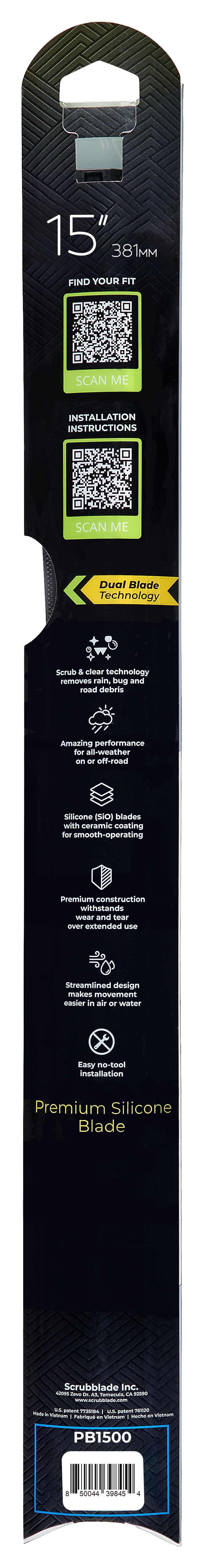 Scrubblade Windshield Wiper Blade, Black Edition, 15 in Length, Black - PB1500