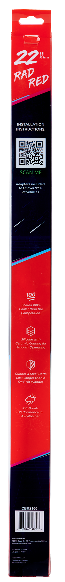 Scrubblade Windshield Wiper Blade, 22 in Length, Rad Red, Ceramic Coated Silicone Blade - CBR2200