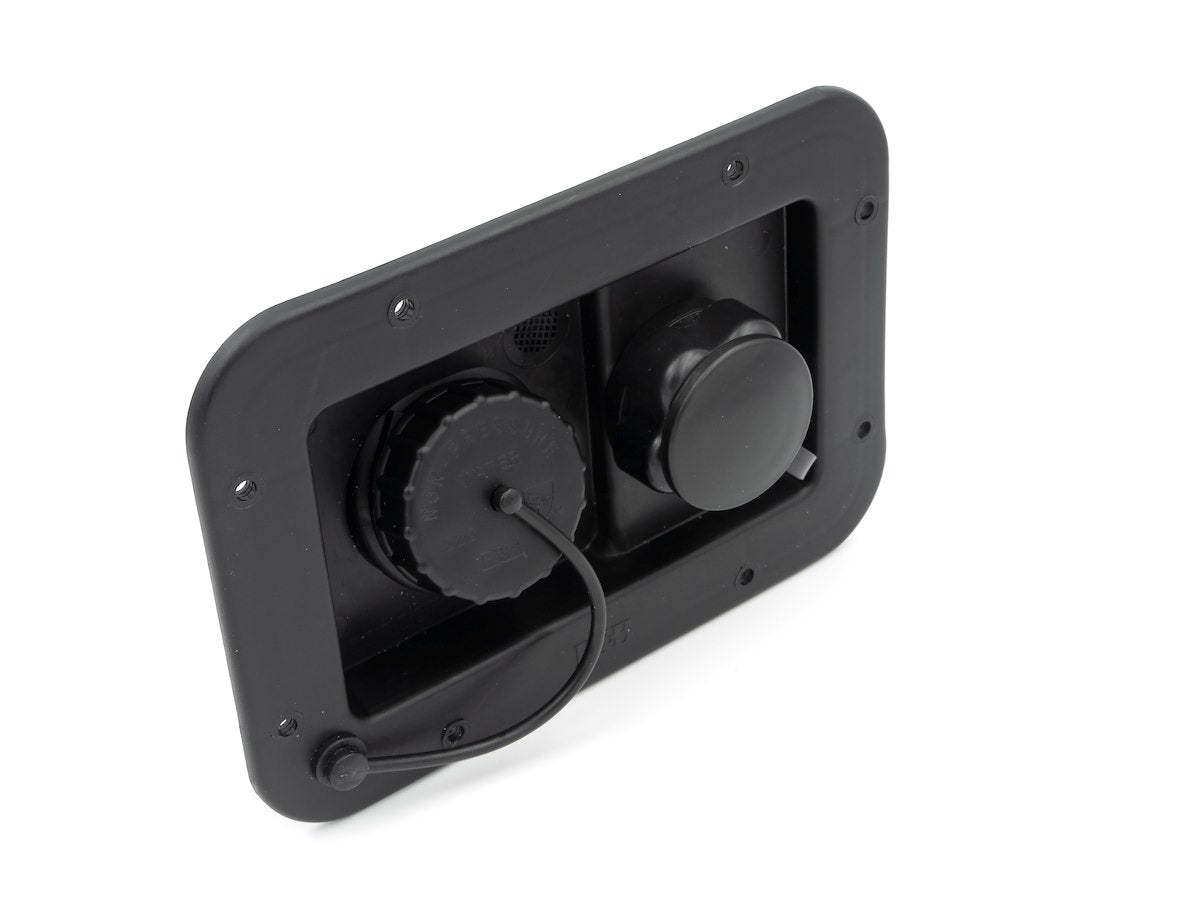 B&B Molders Fresh Water Inlet, Use With Either 1-1/4 in Or 1-3/8 in Water Fill Hose, 3-3/4 in Height x 6 in Width Cutout Dimension, Black - 94223