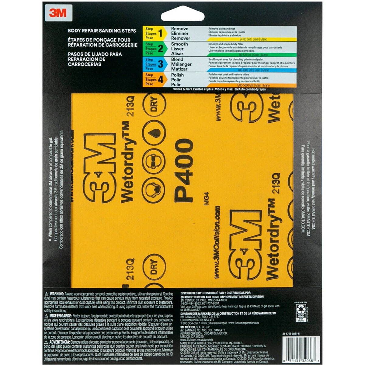 3M Sandpaper, P400 Grit, 9 in x 11 in, Aluminum Oxide, Pack of 5 - 32038