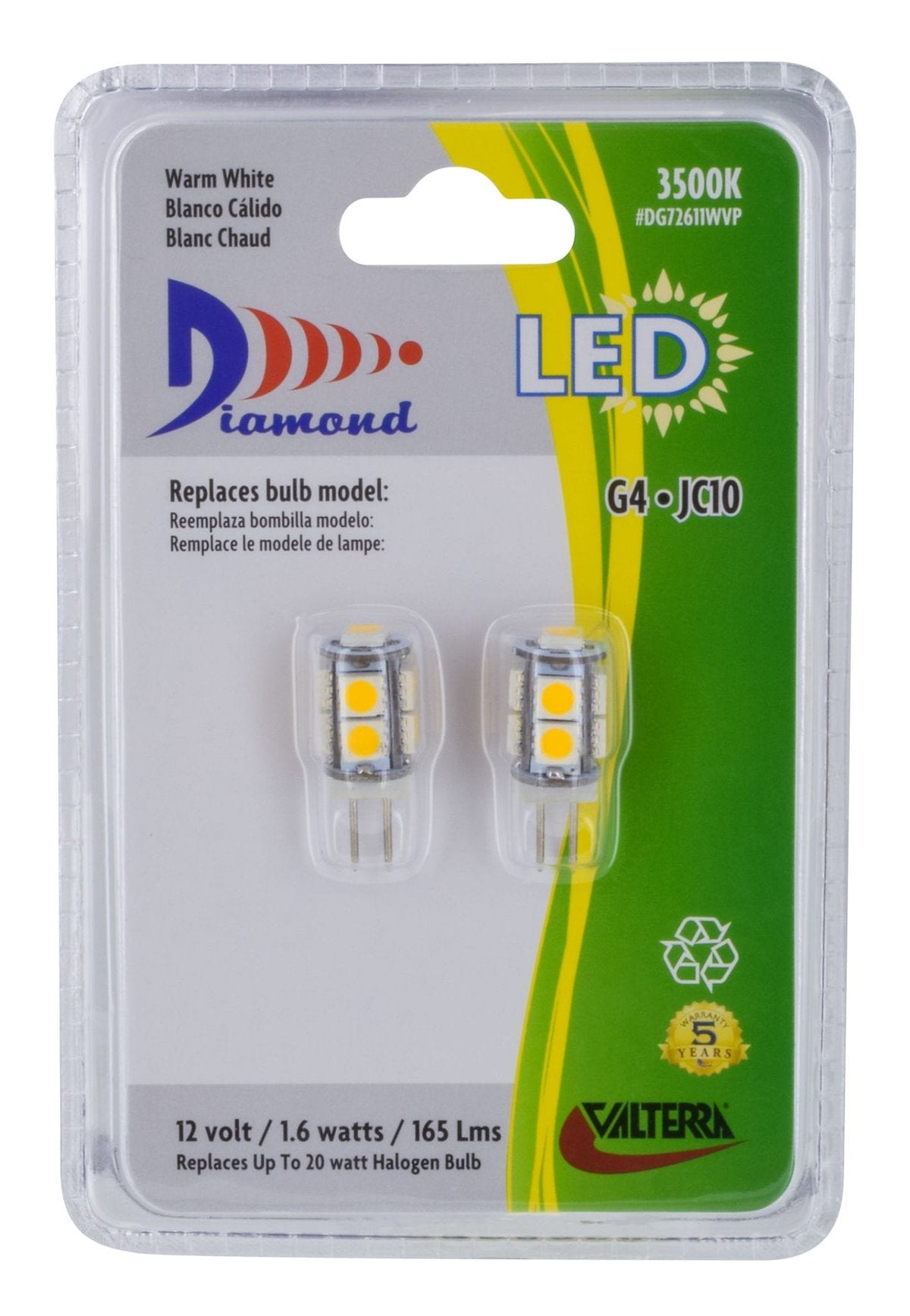 Valterra Multi Purpose Light Bulb - LED, Replacement For JC10/G4 Bulb, Soft White, 165 Lumen, Pack Of 2 - DG72611WVP