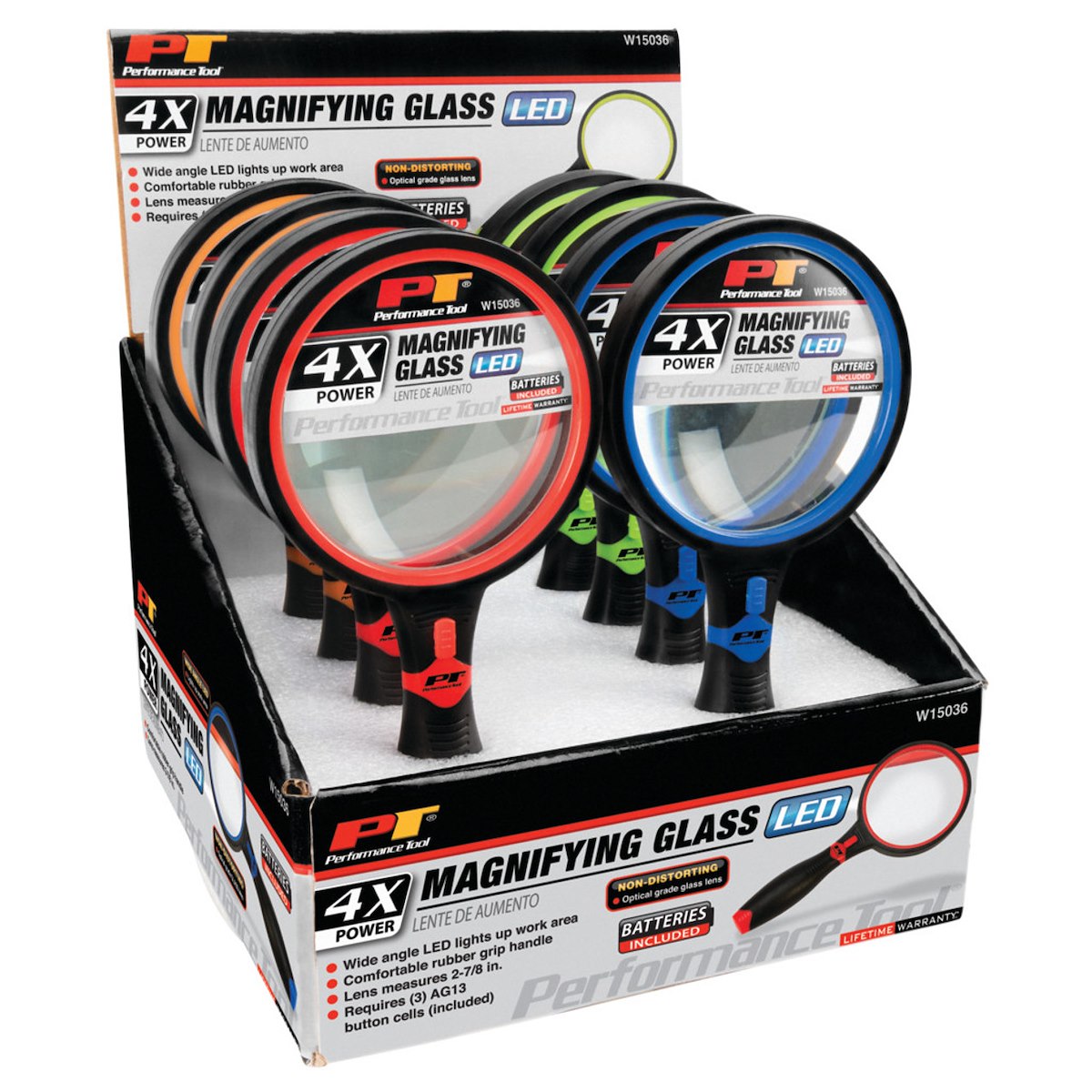 Performance Tool Magnifying Glass, 4X Glass Lens, 2-7/8 in Diameter, 7-1/4 in Length - W15036