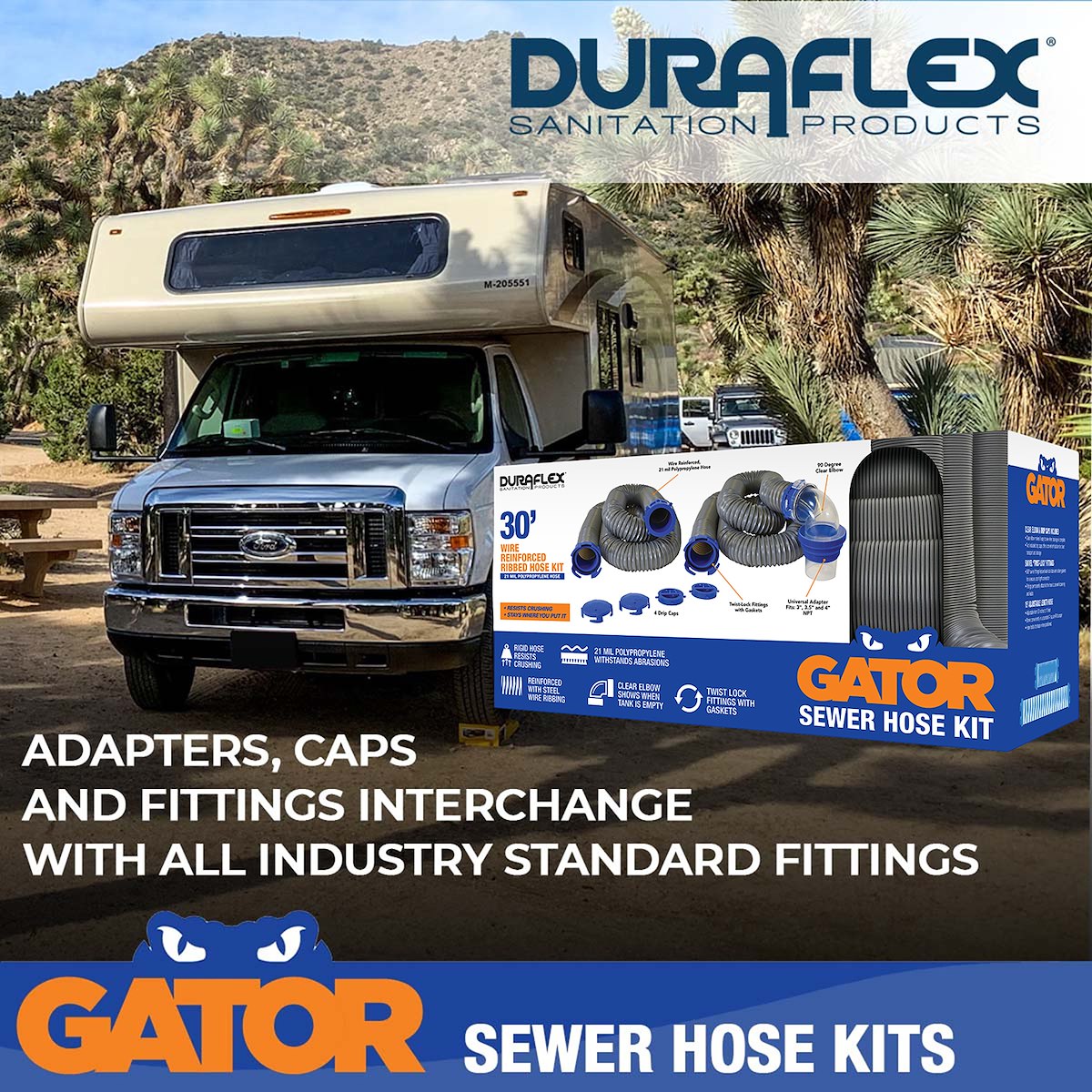 Duraflex Sewer Hose, 30 ft Extended Length, 106 in Compressed Length, 3 in Hose Diameter - 22007