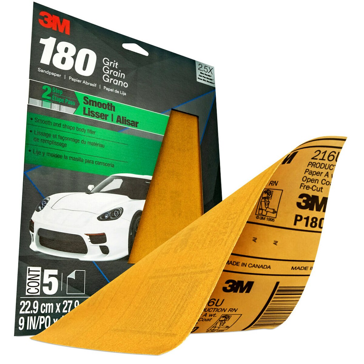 3M Sandpaper, P180 Grit, 9 in x 11 in, Aluminum Oxide, Pack of 5 - 32545