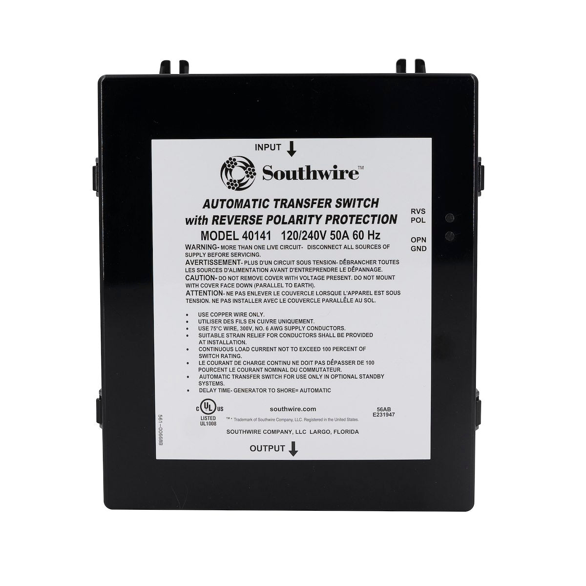 SouthWire Corp. Power Transfer Switch, 120/240 V, 50 amp, 8.48 in Width x 10-3/4 in Height x 5.19 in Depth - 40141-001
