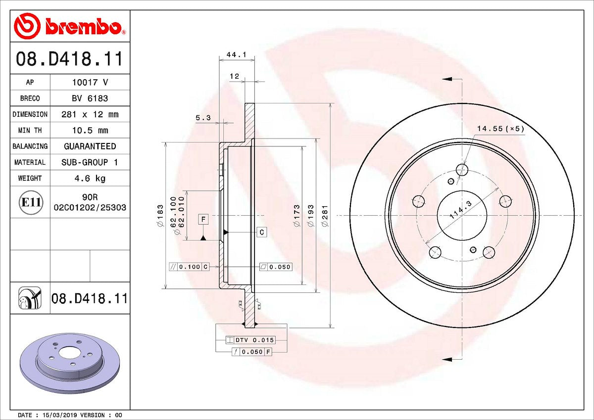 Brembo Brake Rotor, Wheel Bolt Pattern 5 x 114.3 Millimeter, 173 Millimeter Hat Inside Diameter, 62 Millimeter Hub Diameter - 08D41811C02