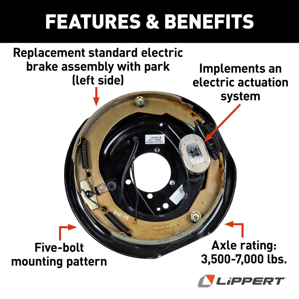 Lippert Trailer Brake Assembly, Replaces Lippert Assembly 12 in Diameter x 2 in Width, 4000-7000 lb Axle Capacity - 298275