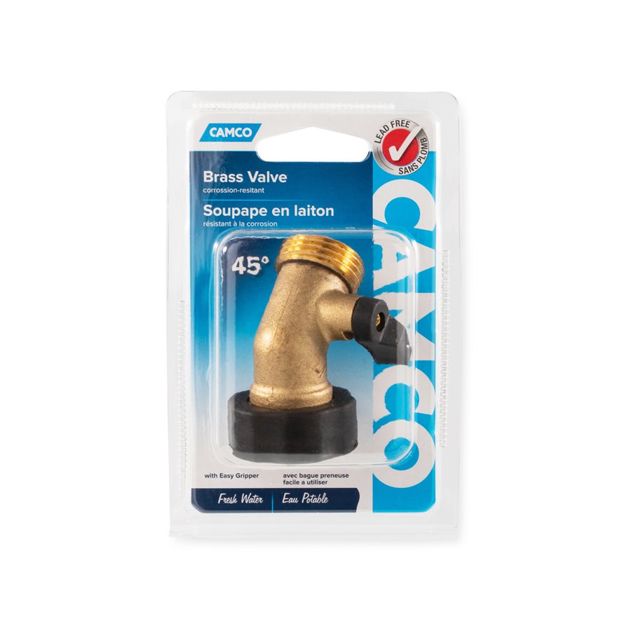 Camco Fresh Water Fill Hose Shut Off Valve, 45 degree Valve, Brass, Complies With CA and VT Regulations For Brass Content - 20173