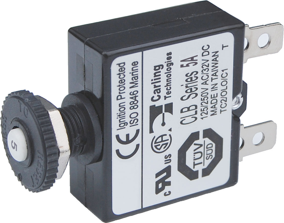 Blue Sea Circuit Breaker, 5 amp/32 V DC, 1/4 in Male Quick Connect Terminal, 3/8-27 UNS Panel Mount - 7052-BSS