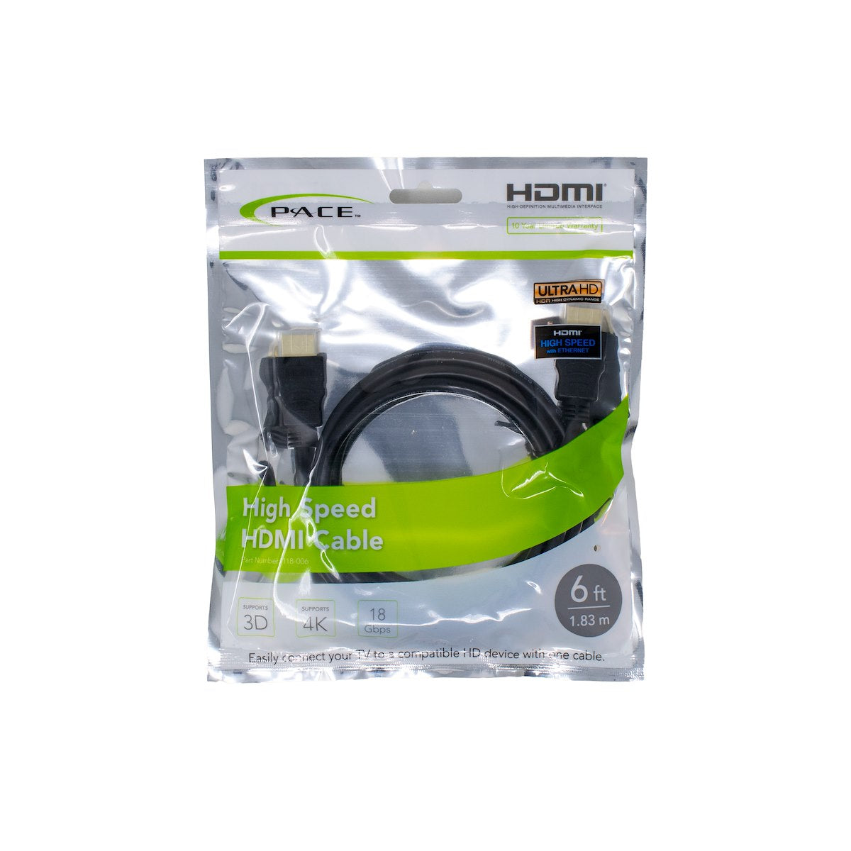 Pace International HDMI Cable, 6 ft Length, Black - 118-006