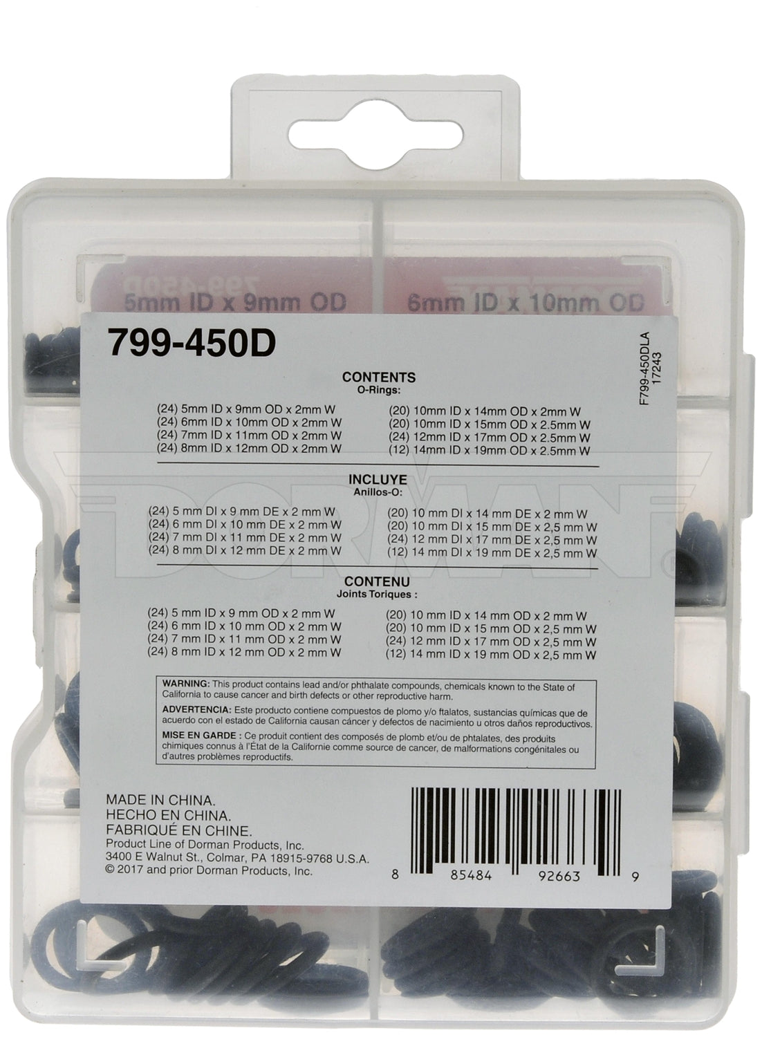 Dorman O-Ring Assortment, With 172 O-Rings, Pack of 172 - 799-450D