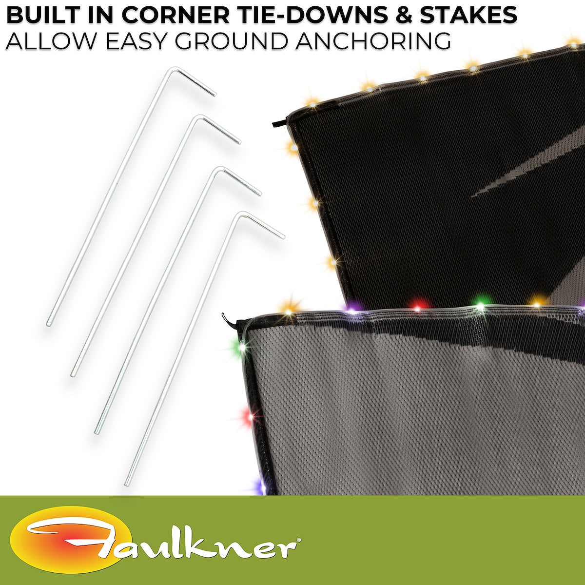 Faulkner Patio Mat, 12 ft Length x 9 ft Width, Reversible Black/Gray Fabric, Solar Powered Multicolor Or White LED Lights - 53024