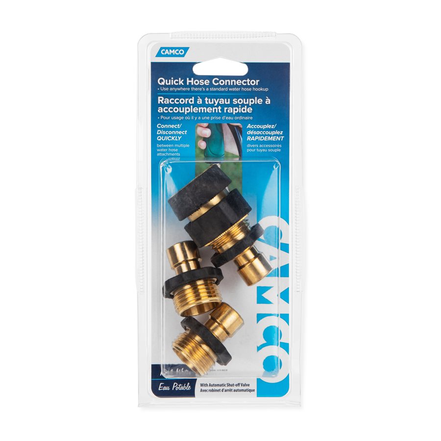 Camco Fresh Water Hose Connector, Brass, With 2 Extra Male Connectors, Complies With CA and VT Regulations For Brass Content - 20136