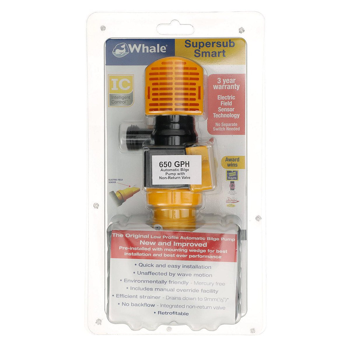 WHALE Bilge Pump, Supersub Smart 650, 650 gal Per Hour, 1 in x 1-1/8 in Port - SS5212