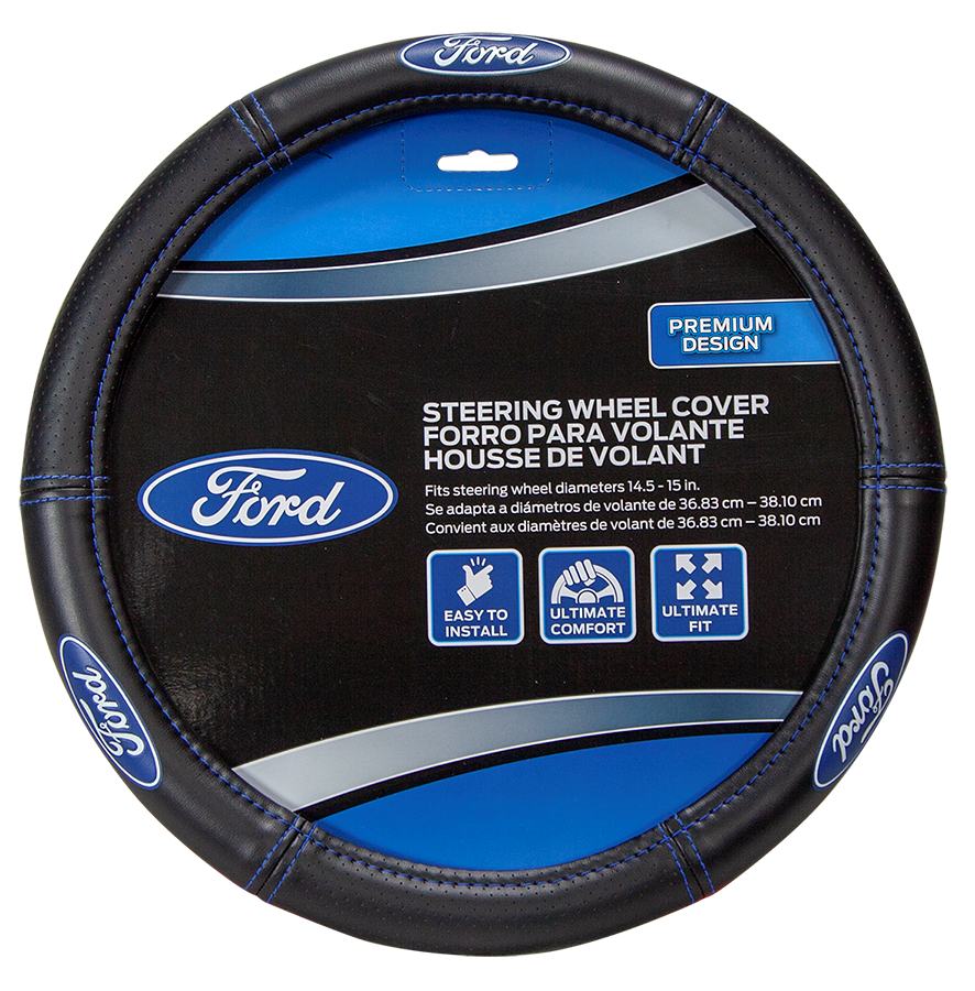 Plasticolor Steering Wheel Cover, For 14-1/2 To 15 in Wheels, Ford Oval Logo With Blue Contrast Stitching, Black - 006692R01