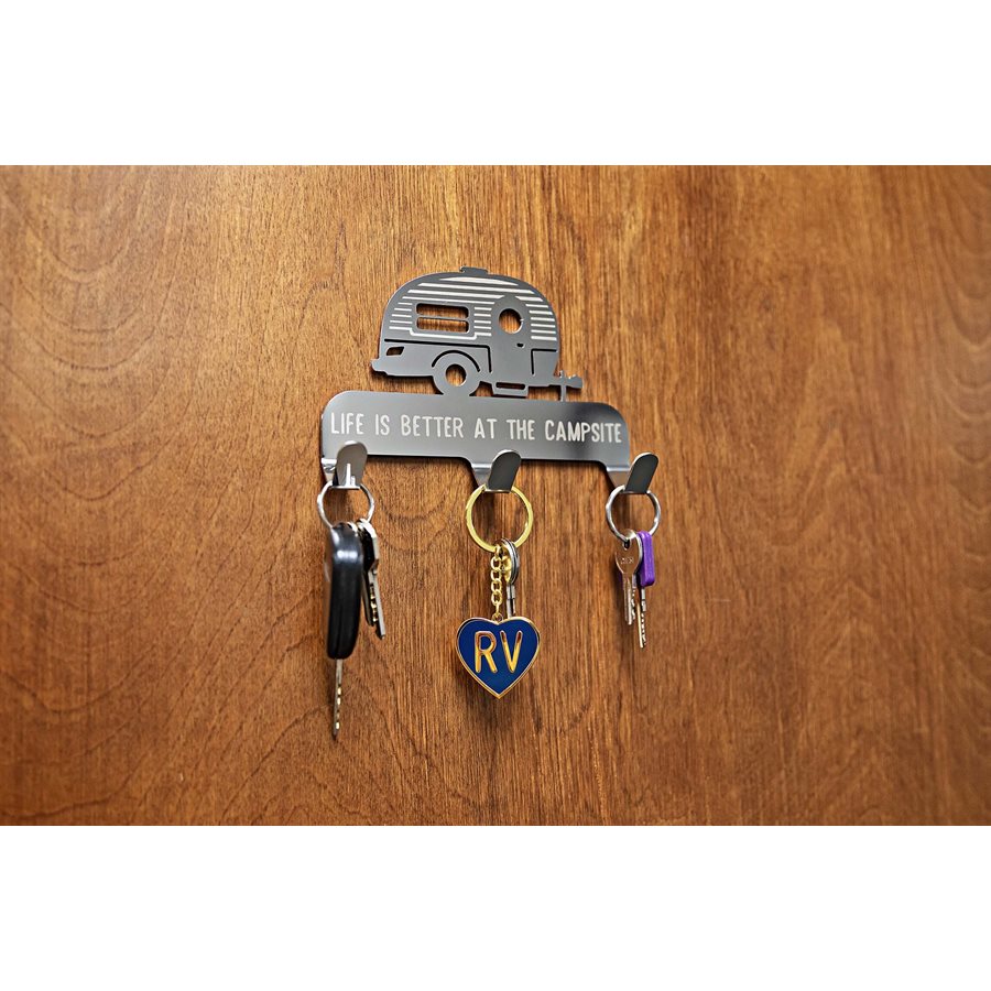 Camco Key Storage Case, 6 in Length x 4-1/4 in Width x 1-1/4 in Depth, Stainless Steel, With 3 Hooks And Double Sided Mounting Tape - 53368