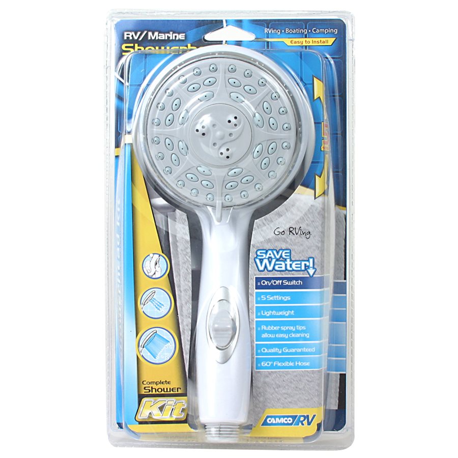 Camco Shower Head, Hand Held With 60 in Hose, With 5 Available Spray Settings, Fits Standard 1/2 in Shower Arm - 43714