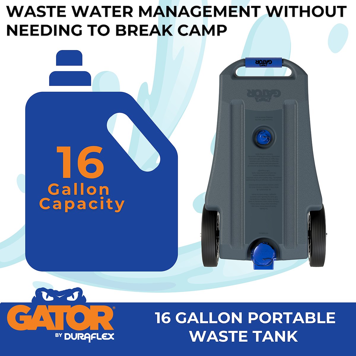 Duraflex Portable Waste Holding Tank, 16 gal, 39.43 in Length x 24.27 in Width x 12.8 in Height, 2 Wheel Design - 21901G