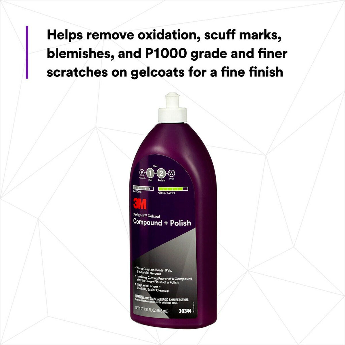 3M Marine Wax, Removes P1000 And Finer Scratches On Gelcoat/Restores High Gloss, 32 oz Bottle - 30344