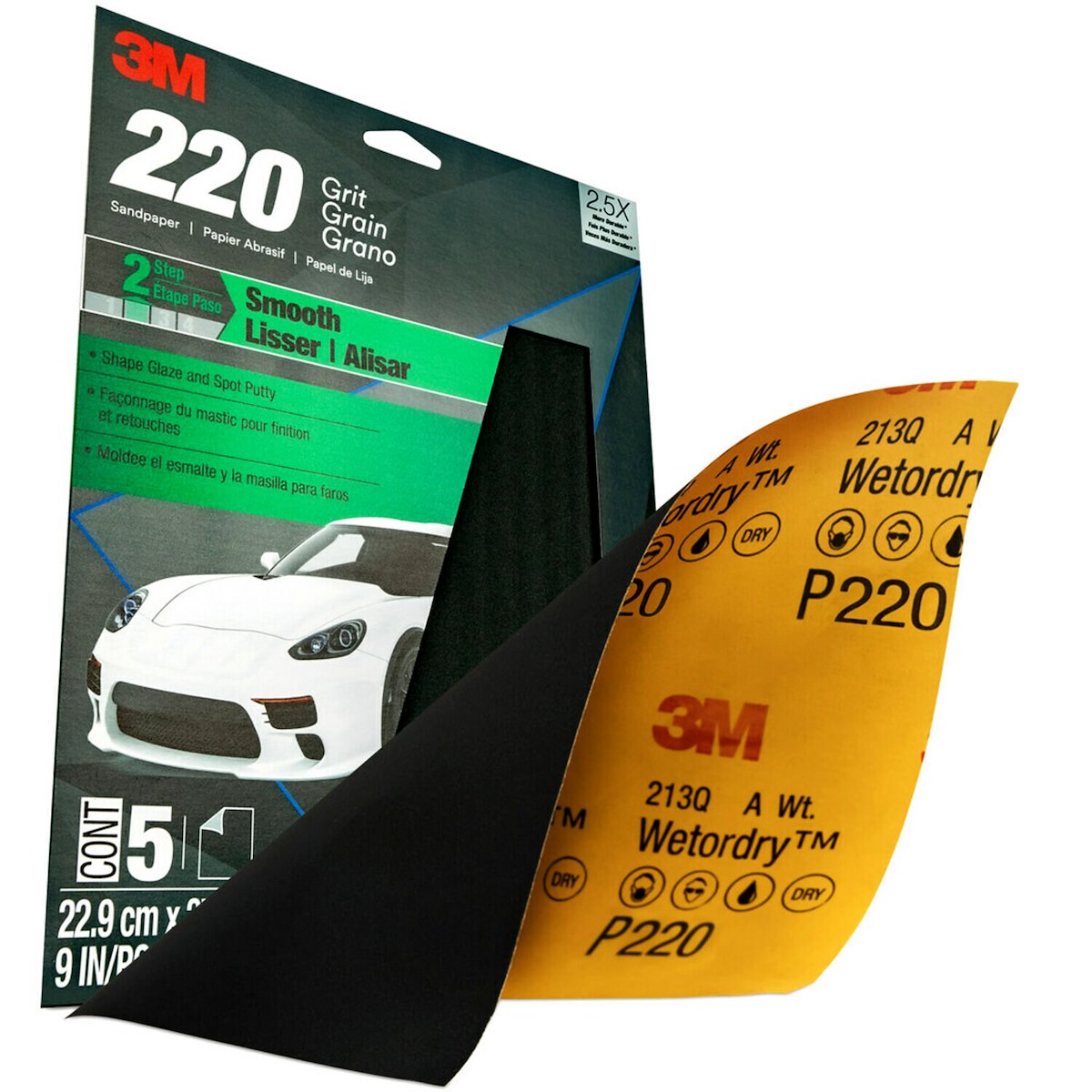 3M Sandpaper, Used For Featheredging/Primer Sanding, P220 Grit, 9 in x 11 in, Pack of 5 - 32043
