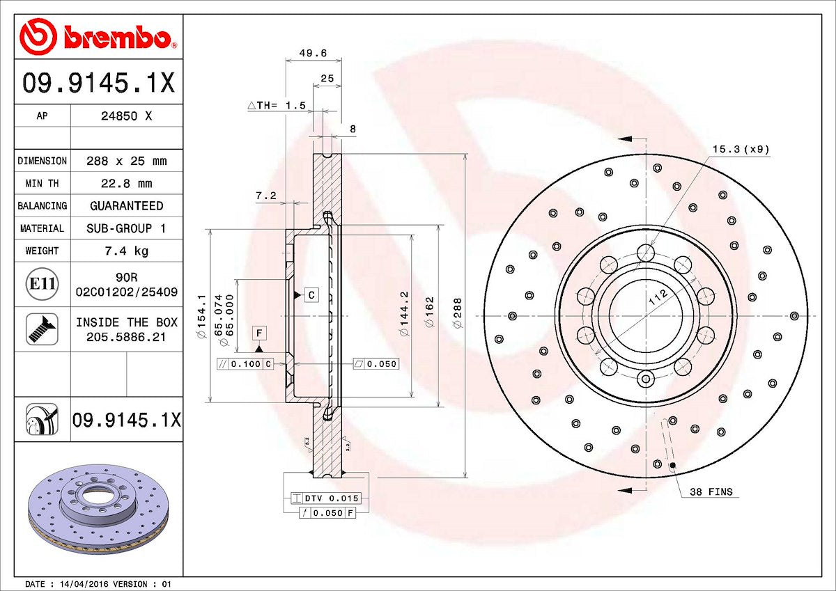 Brembo Brake Rotors 0991451XC02 product image 3