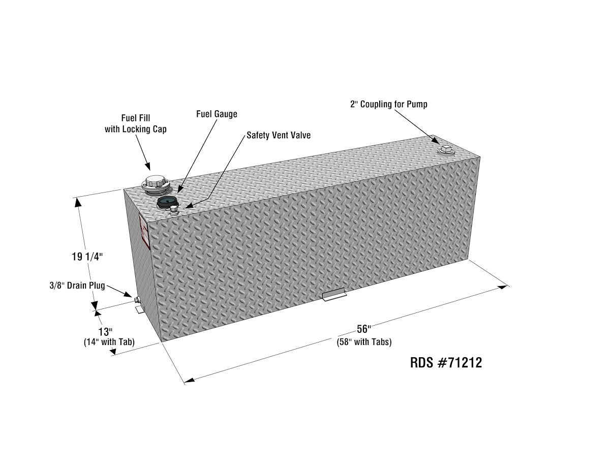 RDS Tanks Liquid Transfer Tank, 60 gal Capacity, 13 in Length x 56 in Width x 19-1/4 in Height, Aluminum - 71212