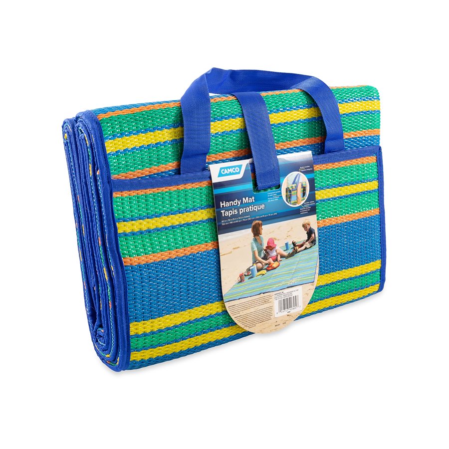 Camco Patio Mat, 6-1/2 ft Length x 5 ft Width, Blue/Green Stripe - 42805