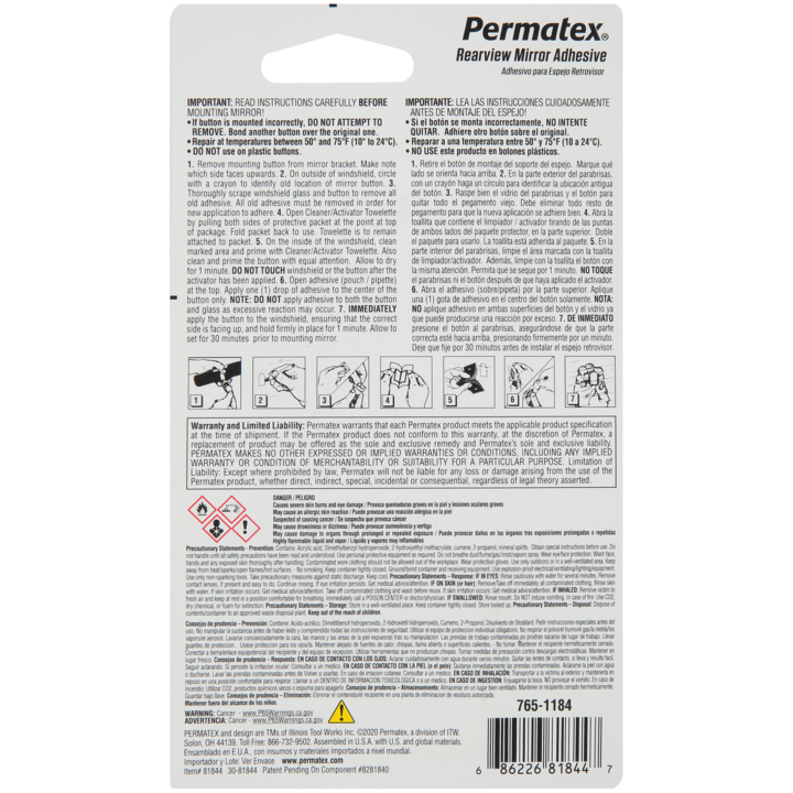 Permatex Interior Rear View Mirror Adhesive, 0.02 oz Adhesive Packet - 81844
