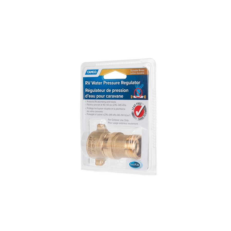 Camco Fresh Water Pressure Regulator, Brass, Preset Pressure Range of 40-50 PSI, Complies With CA and VT Regulations For Brass Content - 40055
