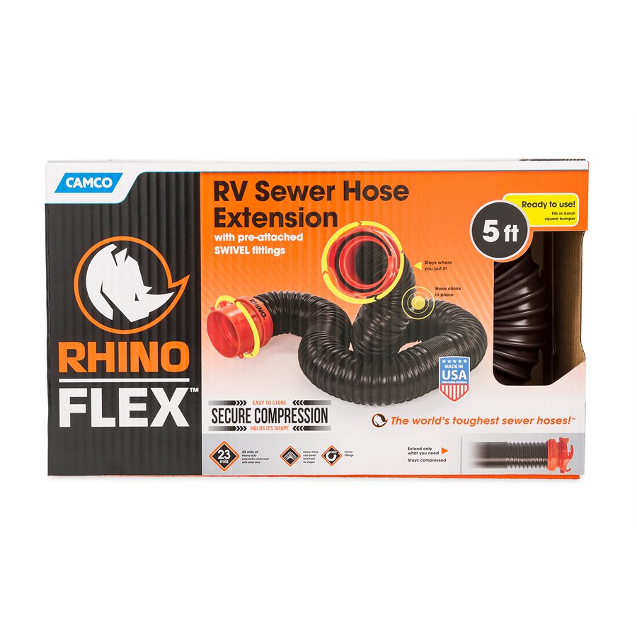 Camco Sewer Hose, 5 ft Extended Length, 24 in Compressed Length, 3 in Diameter - 39765