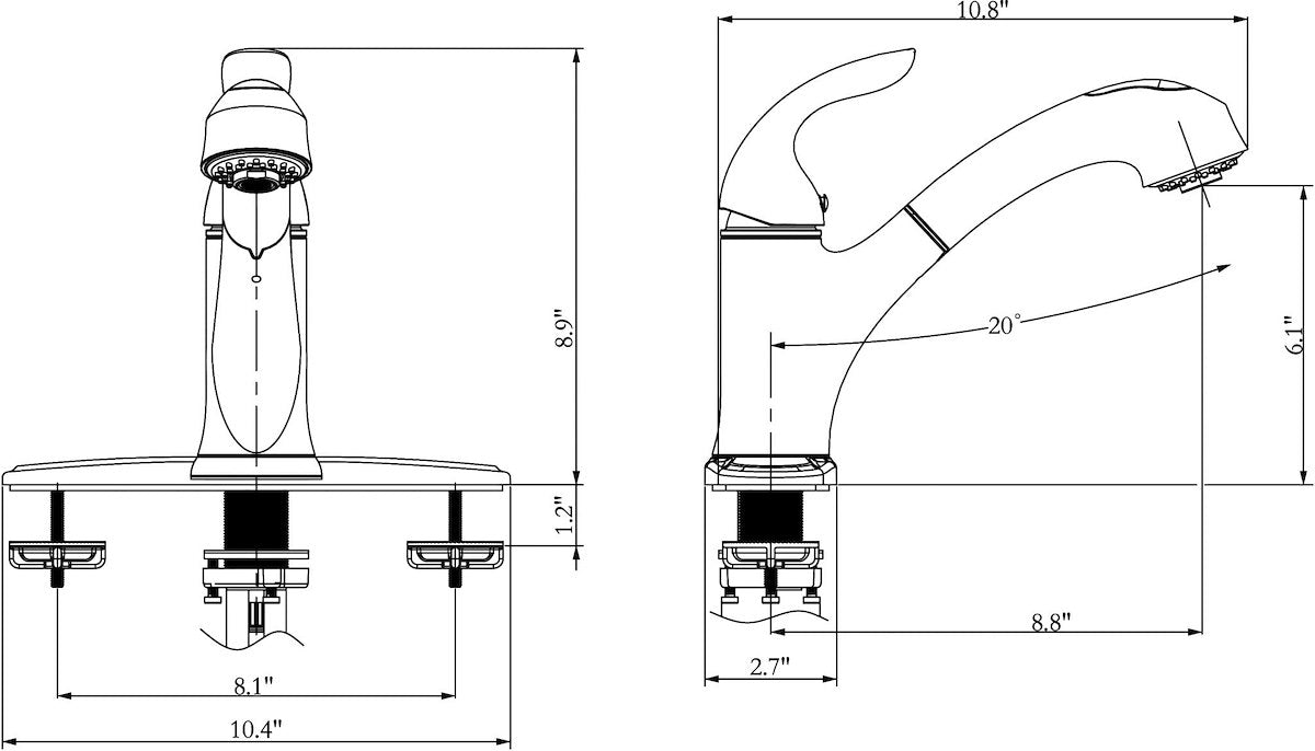 Phoenix Products Faucet, 10 in Pull Out Spout, 1 Hole Or 3 Hole Application, Ceramic Disc Valve - PF231441