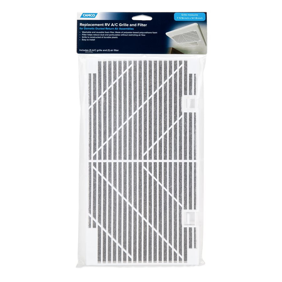 Camco Air Conditioner Ceiling Assembly Grille, 14-1/8 in Length x 7-11/16 in Width, White, With 1 Grille And 1 Filter - 40409
