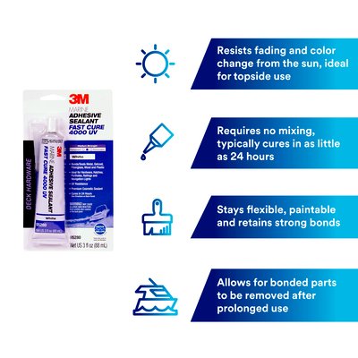 3M Adhesive Sealant, 3M 4000 UV Fast Cure, Used To Bond Aluminum/Wood/Gelcoat And Fiberglass, 3 oz Tube - 05280